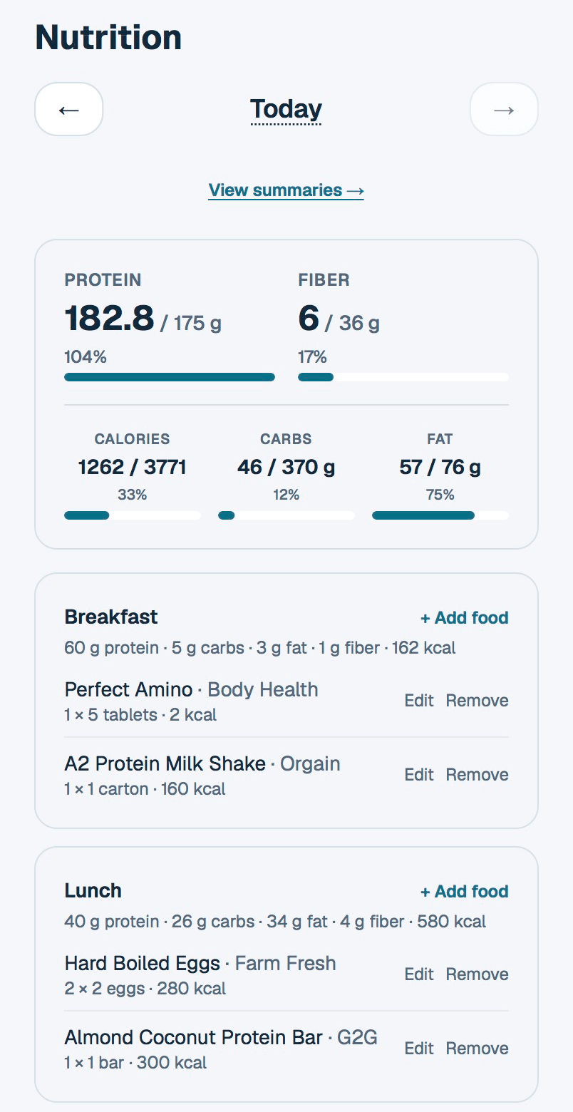 Participant nutrition view showing protein and fiber progress